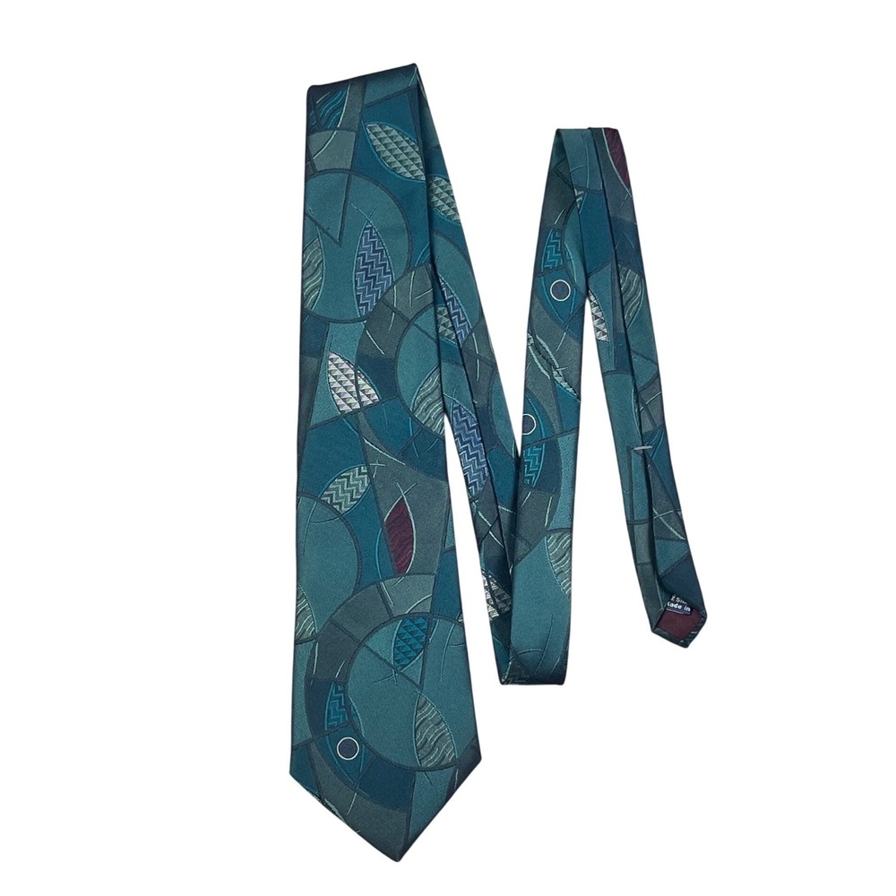 Halston III Mens Teal Geometric Abstract Silk Blend Necktie Made in USA